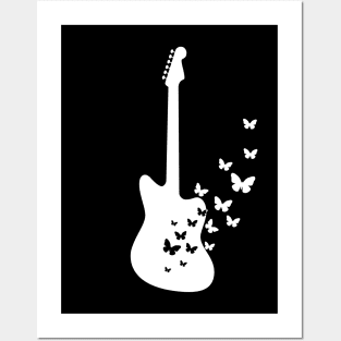 Offset Style Electric Guitar Silhouette Turning Into Butterflies Posters and Art